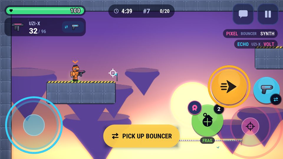 Battleia gameplay in Grid Arena: floating platforms in a sunset sky