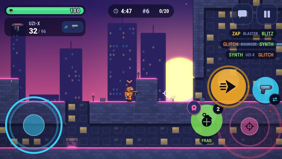 Battleia gameplay in Neon District: a jetpack soldier on the rooftops of a neon city at dusk